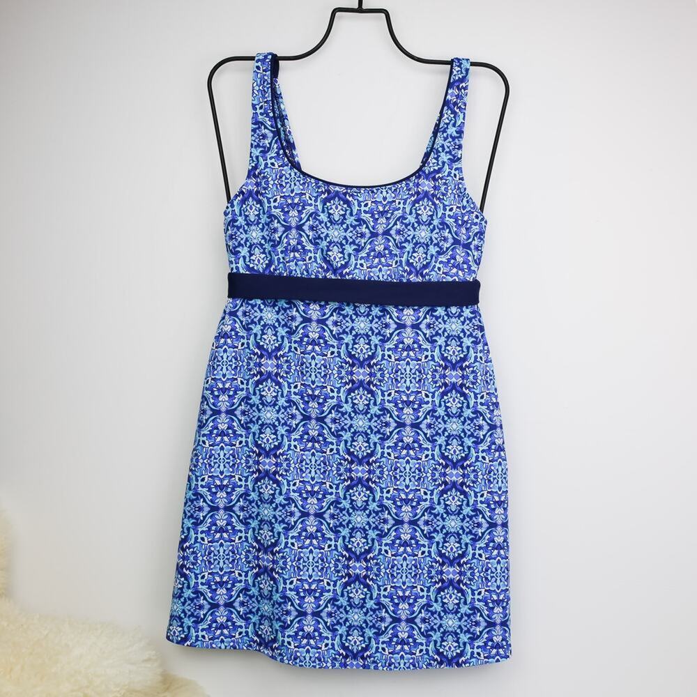 Lands' End Blue Floral Geometric Print Underwire Tankini Swim Tunic Dress 4